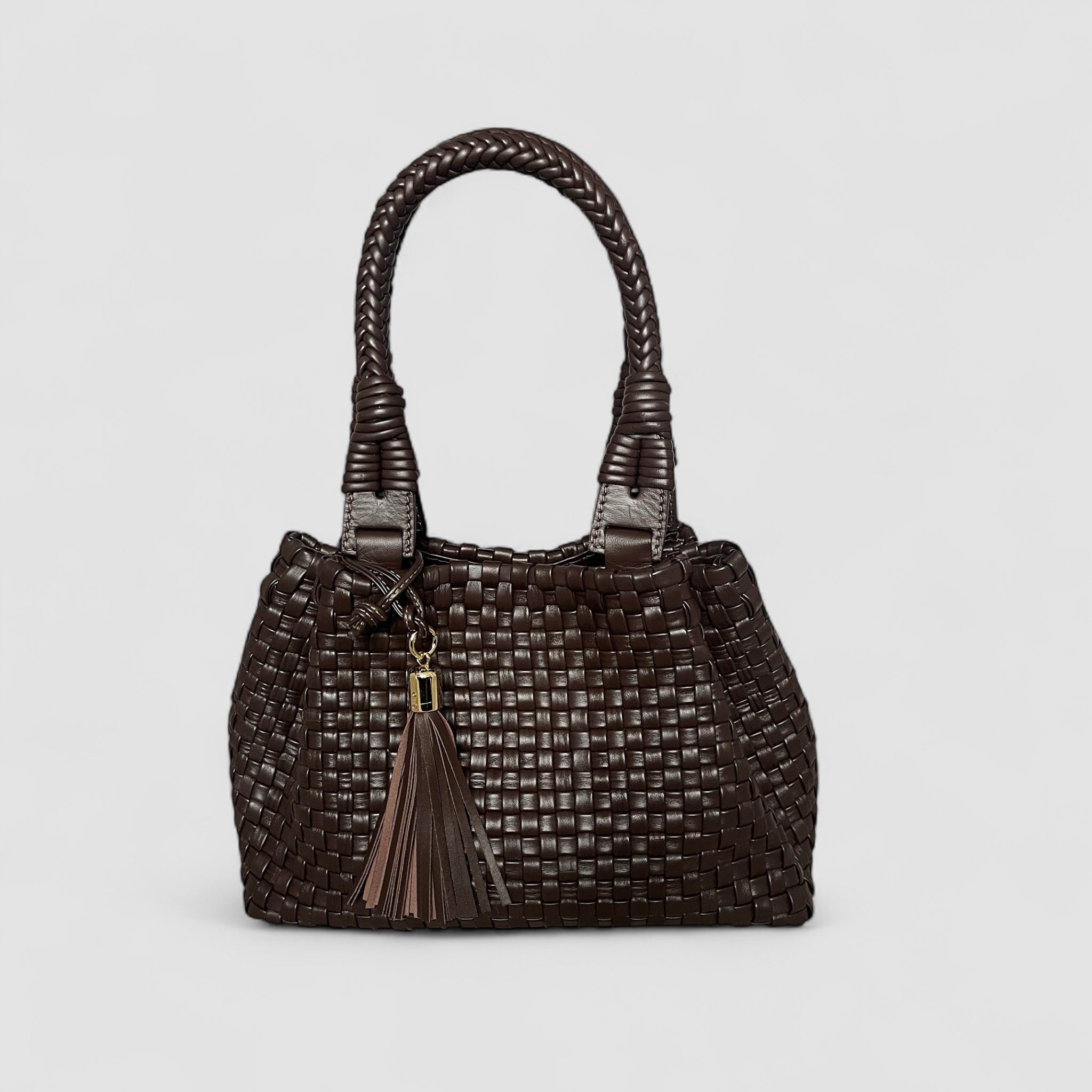 Sophia håndflettet skinnveske i sjokolade med dusk og gull.