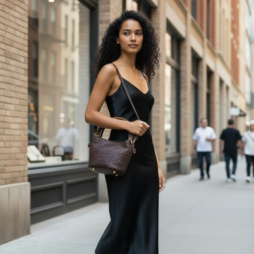 Ribichini Albaro i brunt, håndflettet italiensk skinn. Elegant skulderveske stylet til sort kjole i bymiljø