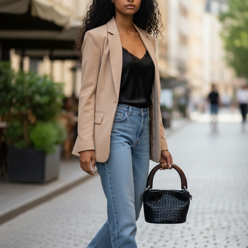 Modell går i bymiljø med Ribichini Albaro i sort, håndflettet skinn, stylet med blazer, jeans og sneakers.